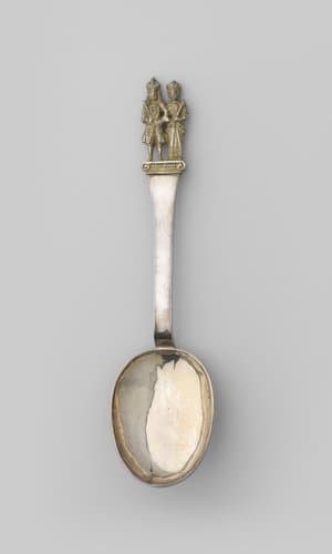 Herinneringslepel met eivormige bak en steel bekroond met Willem III en Mary by anonymous