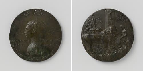 Leonello d'Este, hertog van Ferrara, Reggio Emilia en Modena, penning geslagen ter ere van het huwelijk van de hertog met Maria van Aragon by Antonio Pisanello