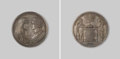 Ondertrouw van Karel II van Spanje en Maria Anna van Neuburg by Monogrammist MB (medailleur)