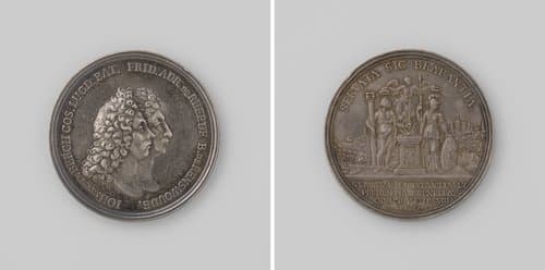 Frederik van Rheede, baanderheer van Renswoude en Johannes van den Bergh, burgemeester van Leiden, gemachtigden van de Staten, ter ere van hun verdiensten bij de bevrijding van Brussel en het behouden by Martin Smeltzing