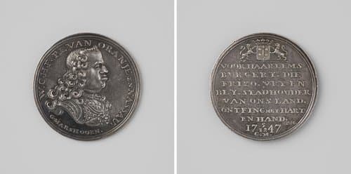 Verheffing van de prins van Oranje tot stadhouder, penning uitgedeeld aan de schutters van de stad Haarlem ter ere van de doortocht van de prins door de stad