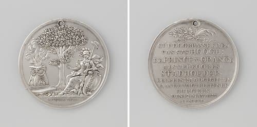 Verheffing van de prins van Oranje tot stadhouder, penning uitgedeeld aan de wachthebbende burgers van de stad Amsterdam ter ere van de doortocht van de prins door de stad