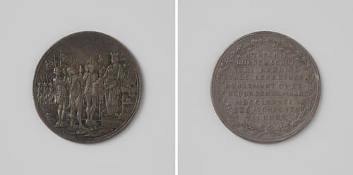 Beëdiging van het regeringreglement door de burgerschutterij op het Neude te Utrecht, penning uitgedeeld onder de leden by anonymous