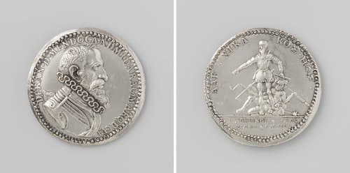 Standbeeld, door Jacques Jonghelinck vervaardigd, voor de hertog van Alva opgericht in de citadel van Antwerpen, penning ter ere van don Francisco de Mendoza