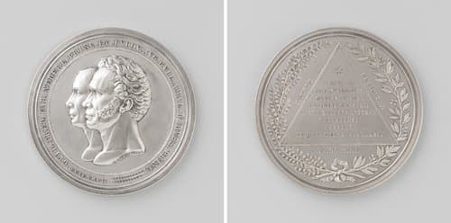 Vijfentwintigjarig huwelijk van Frederik, prins der Nederlanden en Louise Augusta Wilhelmina Amalia, prinses van Pruisen, penning aangeboden door de vrijmetselarij van Nederland
