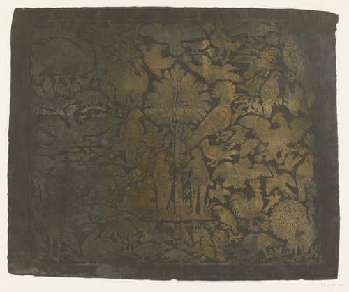 Blad met centraal Adam en Eva onder de appelboom omringd door dieren