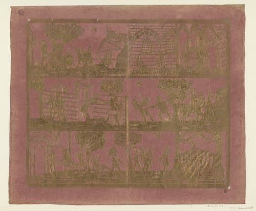 Blad met in drie rijen zes ridderscènes by anonymous