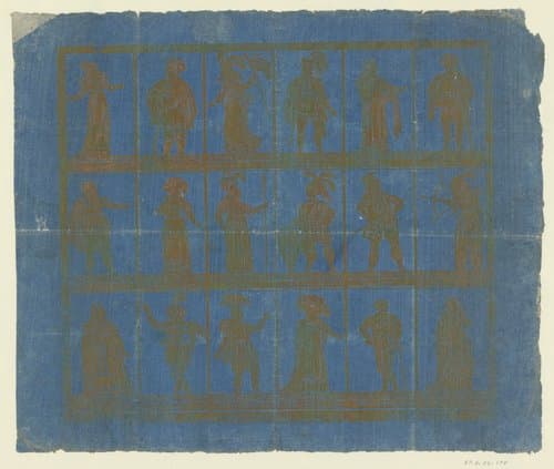 Blad met achttien theaterfiguren in drie rijen van zes by anonymous