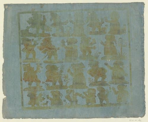 Blad met eenentwintig dwergen in vier rijen by anonymous