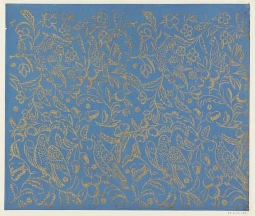 Blad met verschillende vogels met bloemen en vruchten by Dessauerschen Buntpapierfabrik
