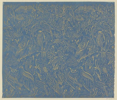 Blad met verschillende vogels met bloemen en vruchten by Dessauerschen Buntpapierfabrik