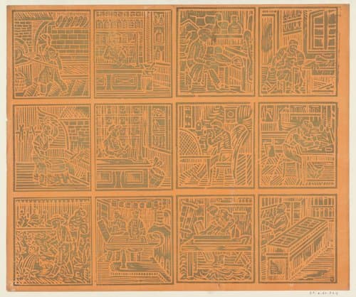 Blad met twaalf ambachten in drie rijen van vier kaders by Dessauerschen Buntpapierfabrik
