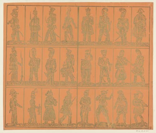 Blad met vierentwintig militaire figuren in drie rijen van acht kaders