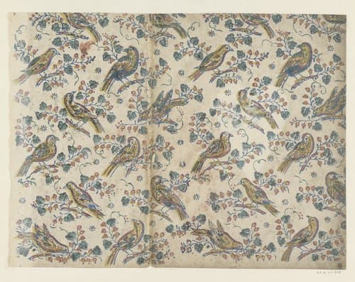 Blad met vogels op ranken met bloemen en vruchten by anonymous