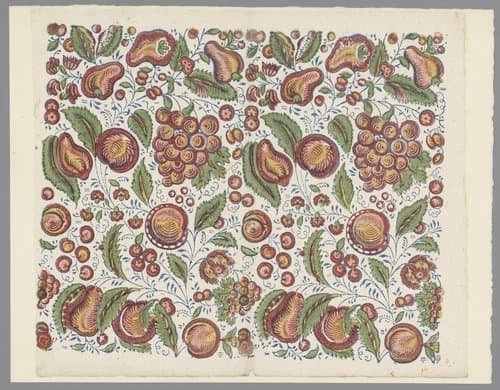 Blad met ranken met vruchten waaronder peren en druiventros by anonymous
