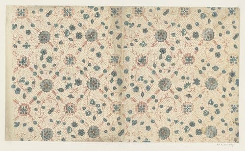 Blad met ruitpatroon van takken met als veldvulling slingerende rank met bloemen en vruchtjes by anonymous