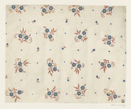 Blad met strooipatroon van bloemen omgeven door vruchtjes by anonymous