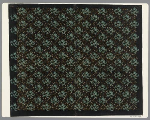 Blad met diagonaal banenpatroon van bloemen over een fond van kleine stippen en driehoeken by anonymous