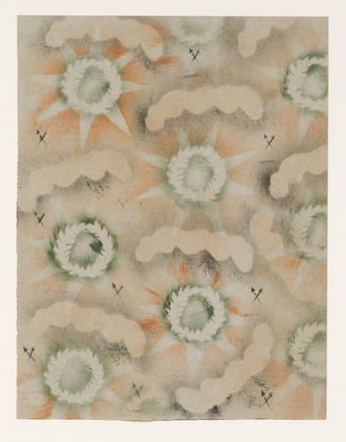 Gesjabloneerd papier met patroon van stralende lauwerkransen, wolken en gekruiste degens by anonymous
