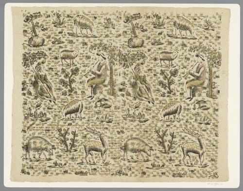 Blad met fluitspelende herder en zittende herderin omgeven door dieren by anonymous