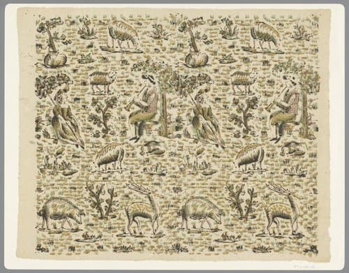 Blad met fluitspelende herder en zittende herderin omgeven door dieren by anonymous