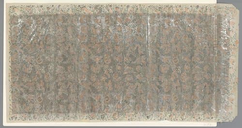 Blad met strooipatroon van bloemen, vogels, vissen en insecten tussen ranken by anonymous
