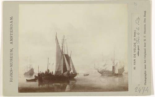 Fotoreproductie van schilderij Schepen voor de kust door Willem van de Velde II, coll. Rijksmuseum
