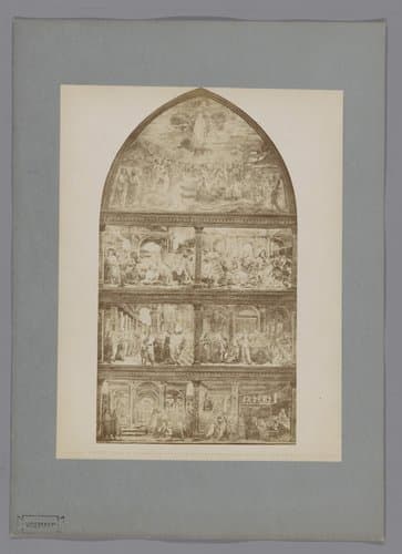 Fotoreproductie van een fresco met scènes uit de levens van Johannes de Doper en Maria naar Domenico Ghirlandaio in de Santa Maria Novella te Florence, Italië