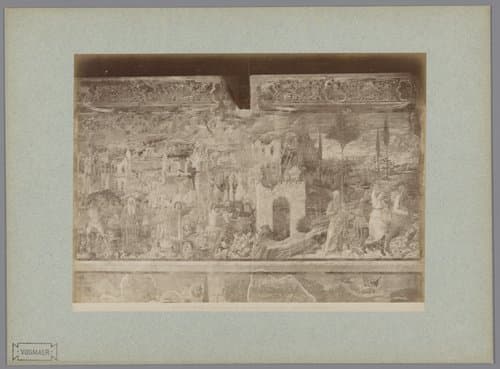 Fotoreproductie van het fresco Brand van Sodom naar Benozzo Gozzoli in het Camposanto te Pisa, Italië