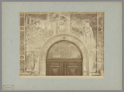 Fotoreproductie van het fresco Annunciatie en twee engelen door Benozzo Gozzoli in het Campo Santo te Pisa
