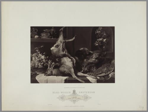 Fotoreproductie van schilderij Stilleven met groot dood wild, vruchten en bloemen door Frans Snijders, coll. Rijksmuseum