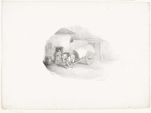 Paard en wagen voor een huis by Théodore Géricault