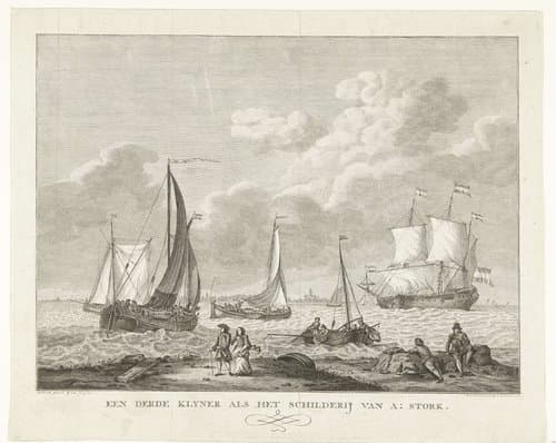 Vissersboten op zee en wandelaars aan de kust by Carel Frederik Bendorp (I)