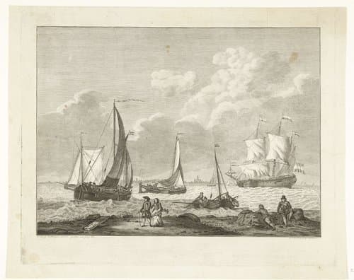 Vissersboten op zee en wandelaars aan de kust by Carel Frederik Bendorp (I)