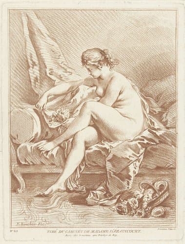 Naakte vrouw zittend op bed met bloemen by Gilles Demarteau