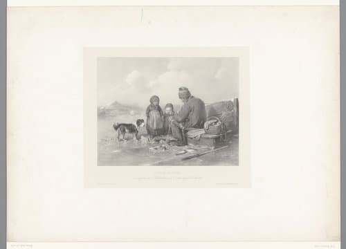 Visser met twee kinderen en een hond op het ijs