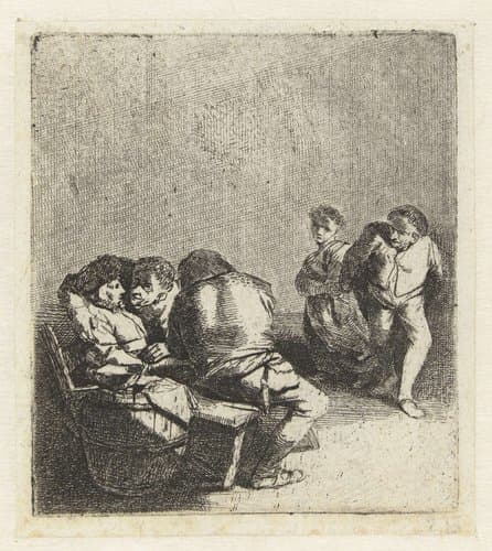 Dansende man en vrouw en twee zittende mannen en vrouw by Cornelis Pietersz. Bega