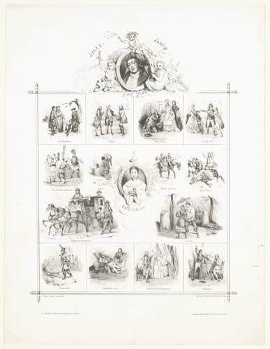 Portret van Jules Janin en veertien voorstellingen uit zijn werk 'Debureau' by Victor Adam