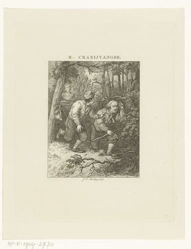 Twee vluchtende mannen in bos by Johannes Christiaan Bendorp