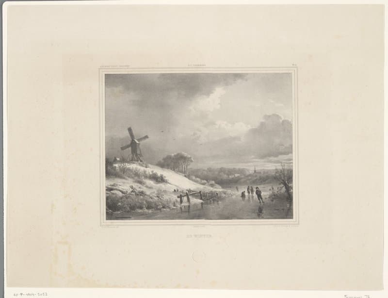 Winterlandschap met molen en schaatsers by Théodore Fourmois