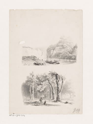 Rivier in berglandschap en laan met wandelaar by Barend Cornelis Koekkoek