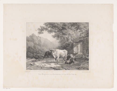 Koeien en geit bij een beek by Barend Cornelis Koekkoek