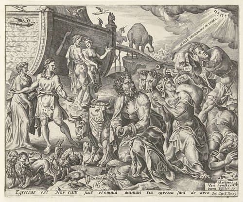 Noach bedankt God voor de redding van de ark by Cornelis Cort
