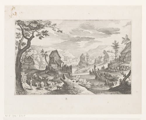 Dorp in bergen met beek en veehoeder die op hoorn blaast by Matthäus Merian (I)