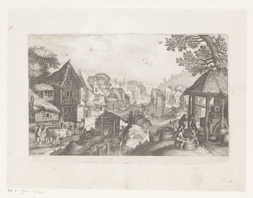 Dorp met wijnmakers en vee by Matthäus Merian (I)