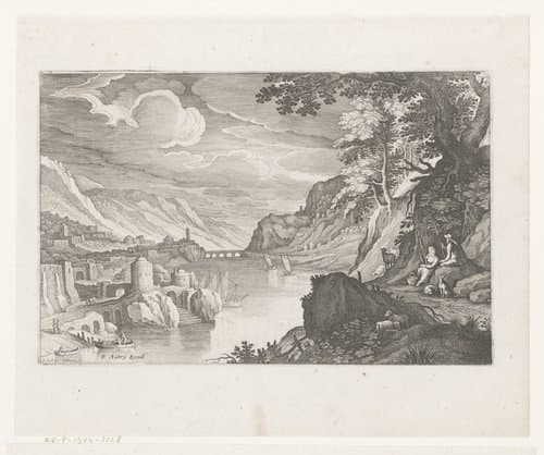 Ruïne van een stad met rivier in berglandschap met spinnende herders by Matthäus Merian (I)