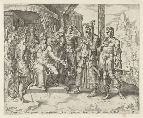 Chamor en Sichem vragen Jakob om Dina's hand by Harmen Jansz Muller