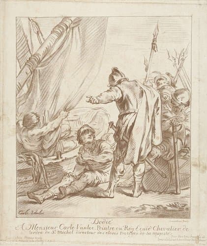 Soldaten in gesprek met man bij zeilschip by Gilles Demarteau