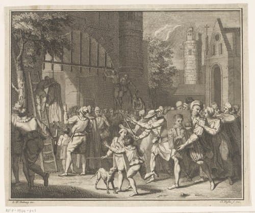 Terdoodveroordeelden worden opgehangen aan de stadspoort by Claude Augustin Duflos