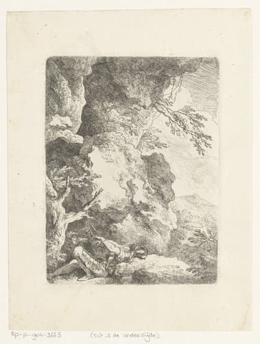 Rotspartij met links de heilige Willem van Maleval, liggend met de handen aan een tak gebonden by Christian Wilhelm Ernst Dietrich